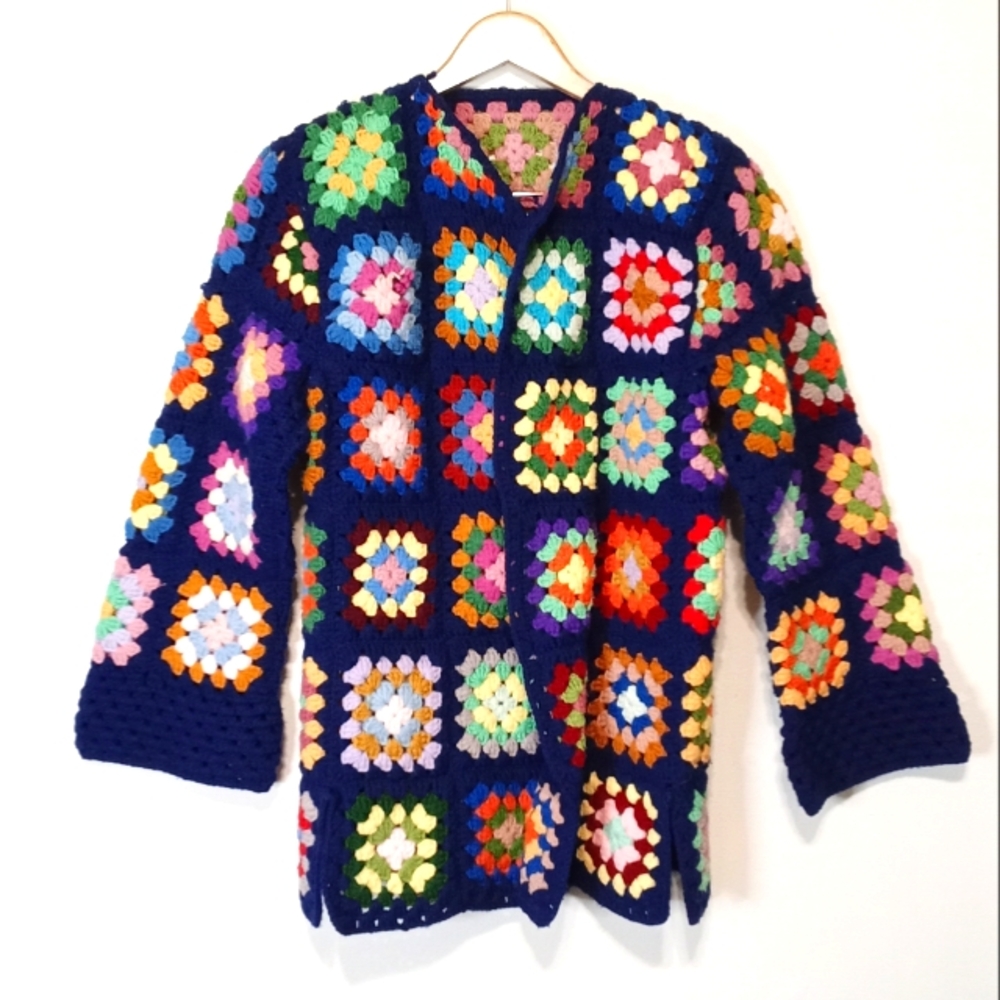 Crochet Sweater multicolored Jacket Blue knit SIZE MEDIUM